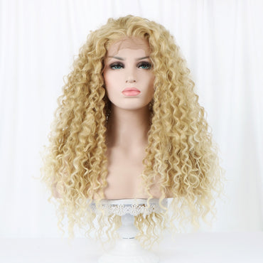 24'' Long Curly 15" x 4.5" Front Swiss Lace Synthetic Wig Natural Part Bohemian Highlight Blonde Hair Wigs for White Women