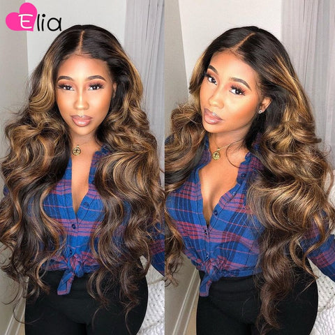 Elia Highlight 4 30 Lace Front Wig Body Wave Wigs Virgin Brazilian 100% Human Hair Pre Plucked Transparent For Black Women 2021