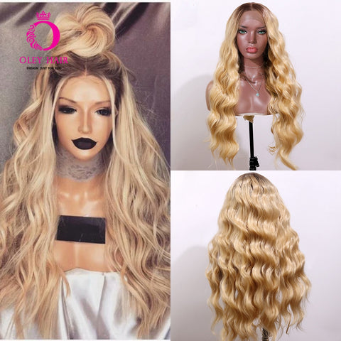 OLEY Blonde Wig Synthetic Lace Front Wig Heat Resistant Wavy Black Glueless Ombre Cosplay Wigs For Black/White  Women