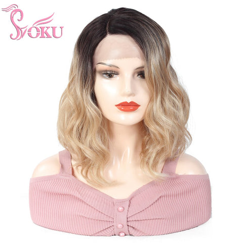 SOKU Ombre Blonde Lace Front Wig BOB Short Synthetic Hair Wig For Black White Women L Part Lace Trendy Natural Wave Wig