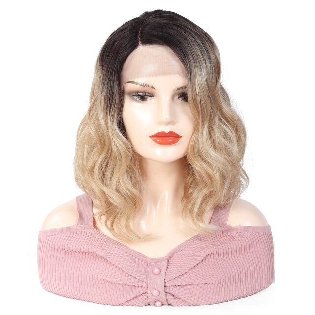 SOKU Ombre Blonde Lace Front Wig BOB Short Synthetic Hair Wig For Black White Women L Part Lace Trendy Natural Wave Wig